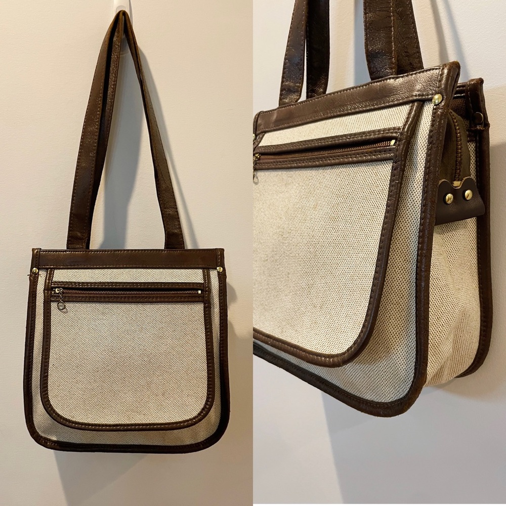 Vintage 70s Victoria Brown Vegan Leather and Tan Canvas Carry All Handbag